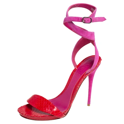 Pre-owned Alexander Mcqueen Pink/red Python Embossed Leather And Suede Sandals Size 39.5 In Metallic