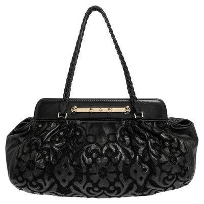 Pre-owned Valentino Garavani Black Leather Floral Embroidered Frame Satchel