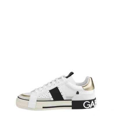 Pre-owned Dolce & Gabbana White/gold Calfskin 2.zero Sneakers Size Eu 45