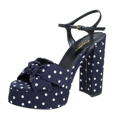 Pre-owned Saint Laurent Navy Blue Polka Dot Fabric Bianca Knotted Ankle Strap Platform Sandals Size 38
