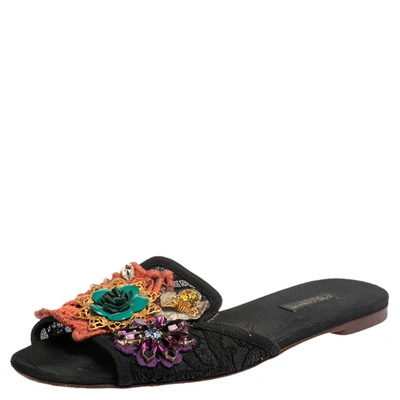 Pre-owned Dolce & Gabbana Black Lace And Canvas Crystal Flower Embellished Flat Slides Size 38