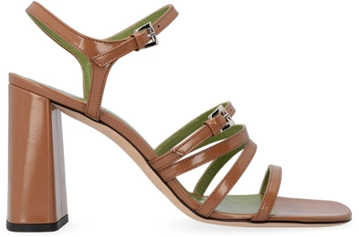 By Far Goldie Patent Leather Sandals With Heel In Camel