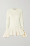 Jw Anderson Ribbed Wool And Cotton-blend Peplum Sweater In White