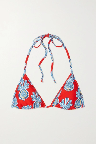 La Doublej Printed Triangle Halterneck Bikini Top In Red