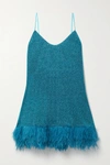 Oseree Lumière Feather-trimmed Stretch-lurex Mini Dress In Blue