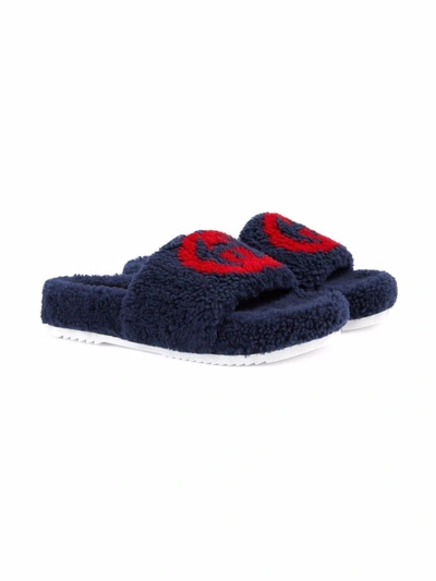 Gucci Kids' Interlocking G Faux Fur Slides In Blue