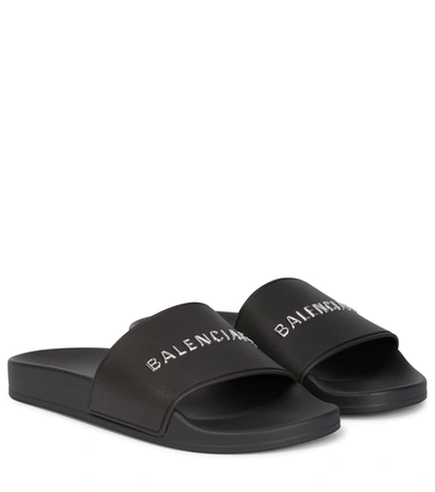 Balenciaga Black & Silver Logo Pool Slides In Black/grey