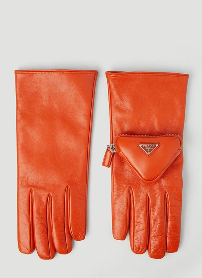 Prada Triangle Logo Pouch Gloves In Orange