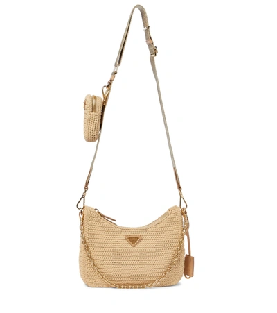 Prada Re-edition 2005 Small Raffia Shoulder Bag In Beige