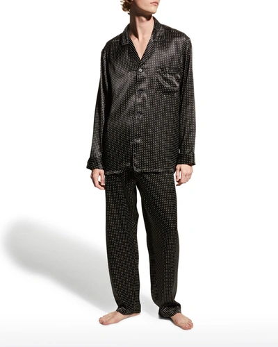 Majestic Men's Dotted Silk Pyjama Trousers In Black Dot / Black Piping