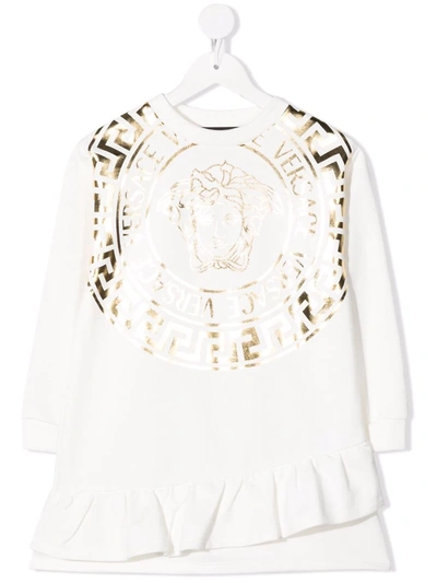 Versace Kids' Metallic Medusa Logo Sweatshirt Dress In White