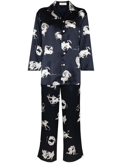 Olivia Von Halle Casablanca Osiris Printed Silk Pyjamas In Blau