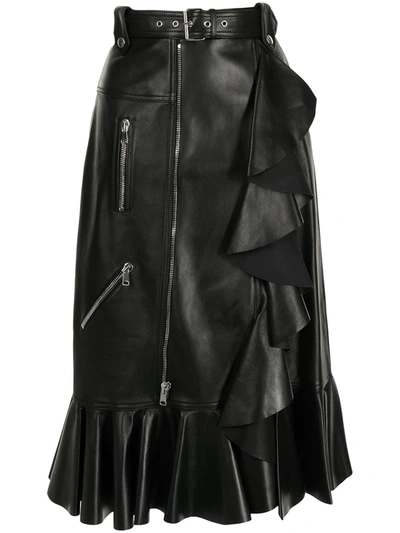 Alexander Mcqueen Leather Pencil Skirt With Ruffle Detail In Black