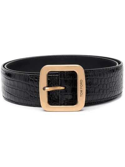 Tom Ford Black Calf Leather Crocodile-effect Leather Belt In Nero