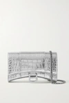 Balenciaga Hourglass Metallic Croc Embossed Leather Wallet On A Chain In Silver