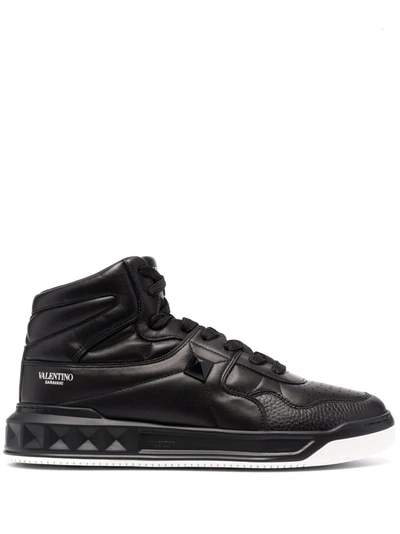 Valentino Garavani Black One Stud High Top Leather Sneakers In Light Grey
