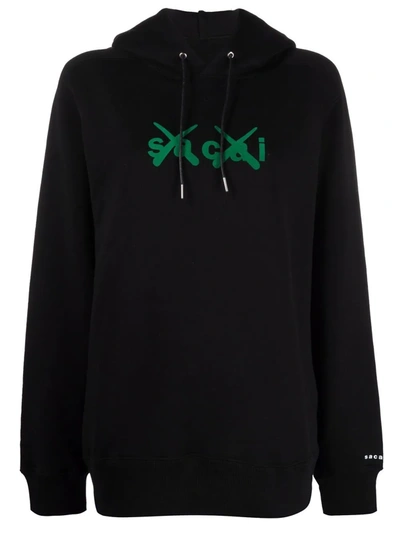 Sacai Womens Blk Green X Kaws Logo-print Cotton-jersey Hoody 4 In Black