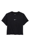 Nike Sportswear Kids' Essential Boxy Embroidered Swoosh T-shirt In Black
