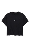 Nike Sportswear Kids' Essential Boxy Embroidered Swoosh T-shirt In Black/white