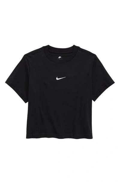 Nike Sportswear Kids' Essential Boxy Embroidered Swoosh T-shirt In Black/white