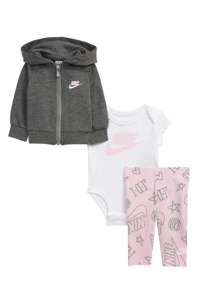 Nike Babies' Zip Hoodie, Bodysuit & Pants Set In Grey/white/pink