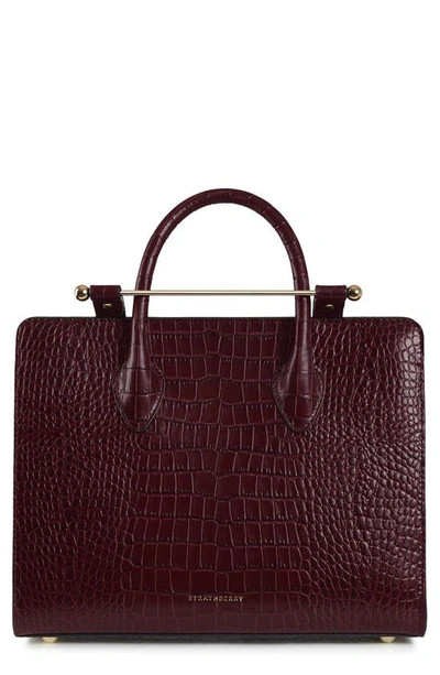 Strathberry Midi Croc Embossed Leather Tote In Burgundy