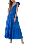 Free The Roses Ruffle Sleeve Maxi Dress In Blue