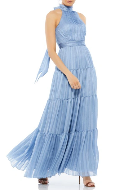 Mac Duggal Bow Back Tiered A-line Gown In Slate Blue