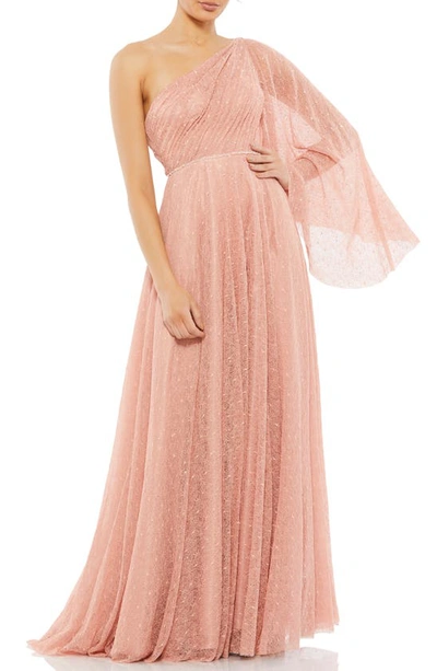 Mac Duggal Sequin Cape Sleeve One-shoulder Gown In Salmon