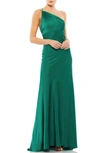 Mac Duggal One-shoulder Satin Sheath Gown In Emerald