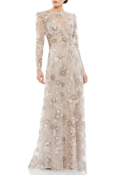 Mac Duggal Floral Embroidered Illusion Long Sleeve Evening Gown In Brown