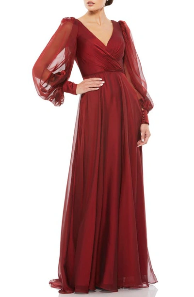 Mac Duggal Sheer Blouson Sleeve Surplice Gown In Garnet