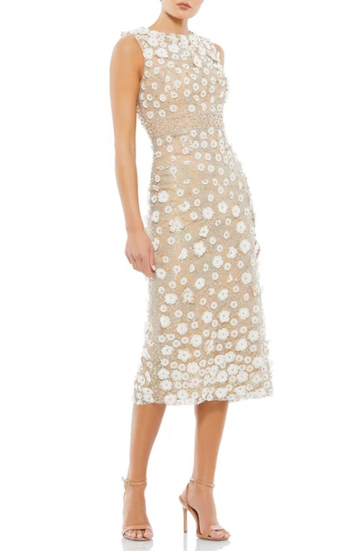 Mac Duggal Beaded Floral Appliqué Midi Sheath Dress In Ivory Nude