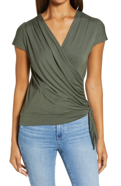 Loveappella Faux Wrap Top In Olive