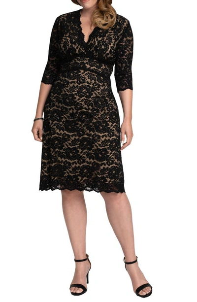 Kiyonna Scalloped Boudoir Lace Sheath Dress In Black Lace/nude Lining