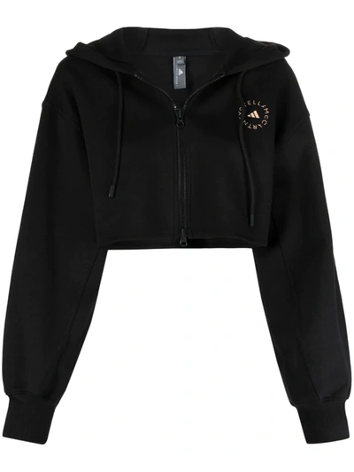 Adidas By Stella Mccartney Cropped Printed Organic Cotton-blend Jersey Hoodie In Black