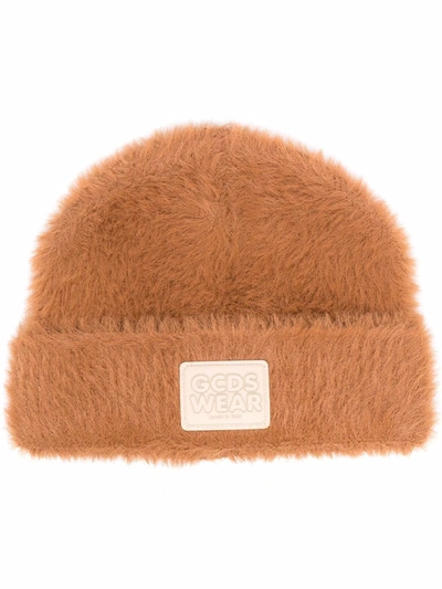 Gcds Fur Applique Logo Patched Beanie In Brown/pink