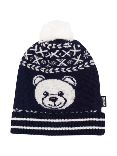 Moschino Jacquard Wool Blend Knit Beanie Hat In Navy
