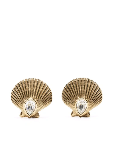 Pre-owned Saint Laurent 1990s Shell Crystal-embellished Clip-on Earrings In Gold