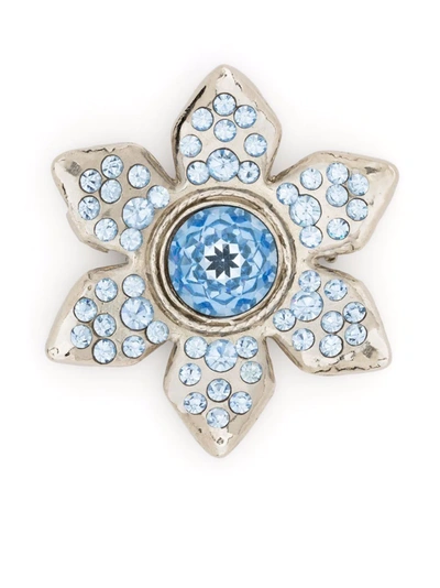 Pre-owned Saint Laurent 2000s Rhinestone-embellished Flower Brooch In Silver