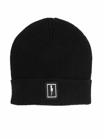 Neil Barrett Kids' Lightning Patch Beanie Hat In Black