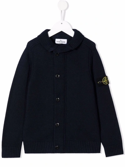 Stone Island Junior Teen Logo-patch Chunky-knit Cardigan In Blue