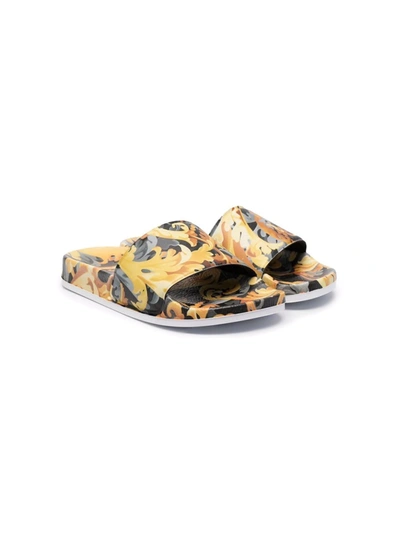 Versace Kids' Baroque-print Slides In Multi