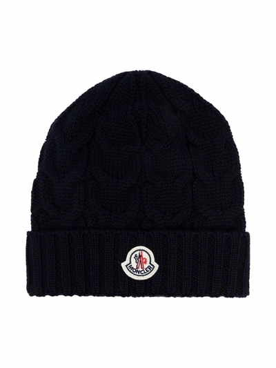 Moncler Babies' Kid's Cable-knit Logo Virgin Wool Beanie Hat In Blue