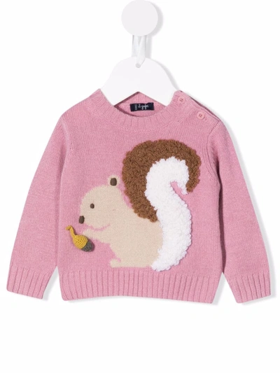 Il Gufo Kids' Embroidered Squirrel Knitted Jumper In Pink