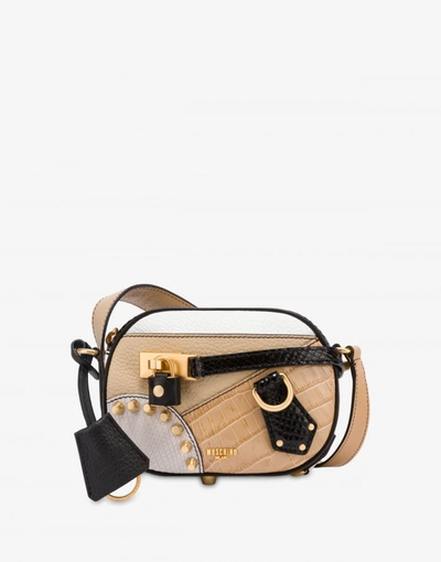 Moschino Calfskin Mixed Bag Shoulder Bag In Beige