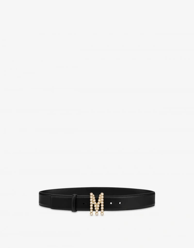 Moschino M Pearls Calfskin Belt In Black