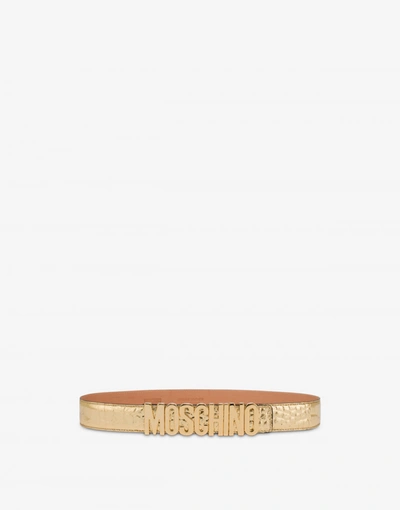 Moschino Croco Print Laminated Belt In Gold