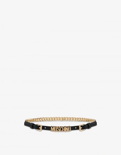 Moschino Lettering Logo Calfskin And Chain Belt In Black
