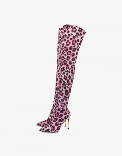 Moschino Leopard Print Over-the-knee Boots In Beige
